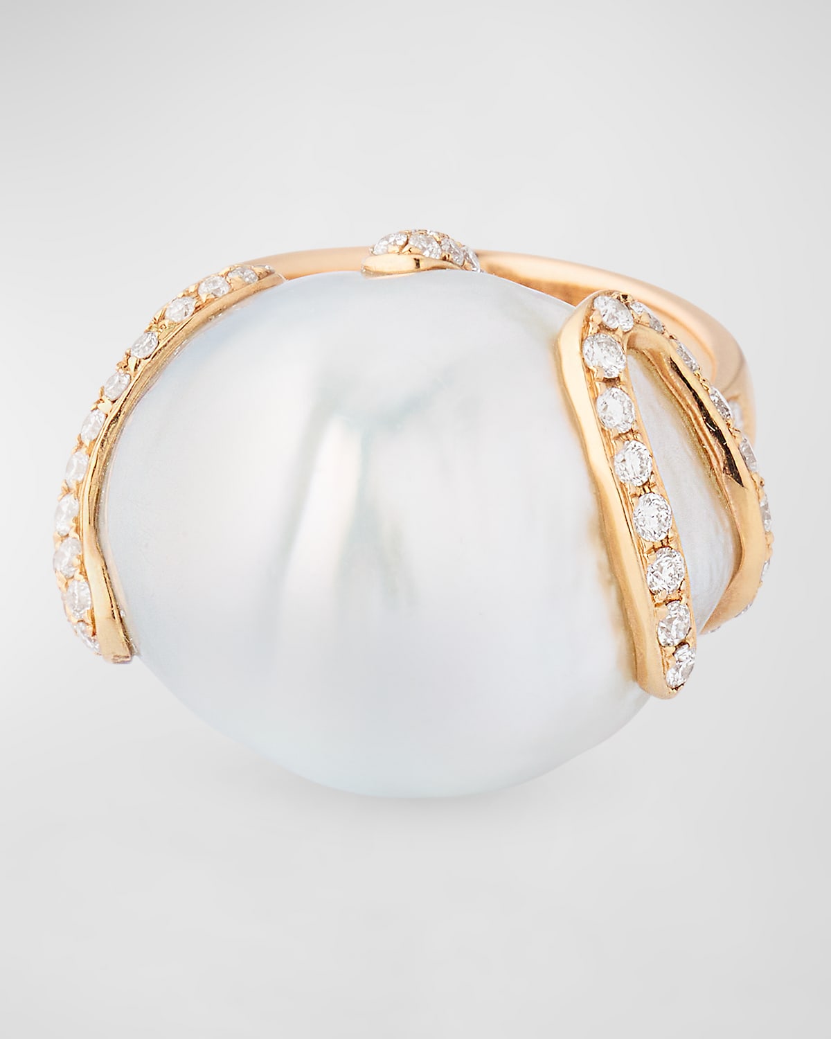 18K Rose Gold 19mm Baroque Pearl and Diamond Ring, Size 7