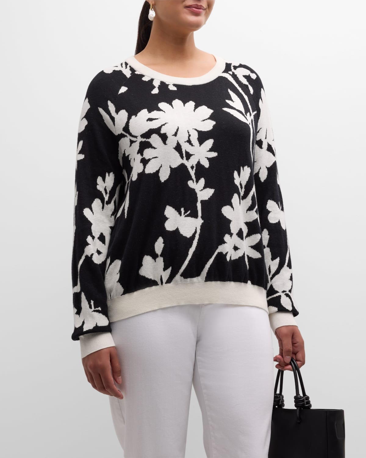 Shop Minnie Rose Plus Size Reversible Floral Intarsia Sweater In Black/starch