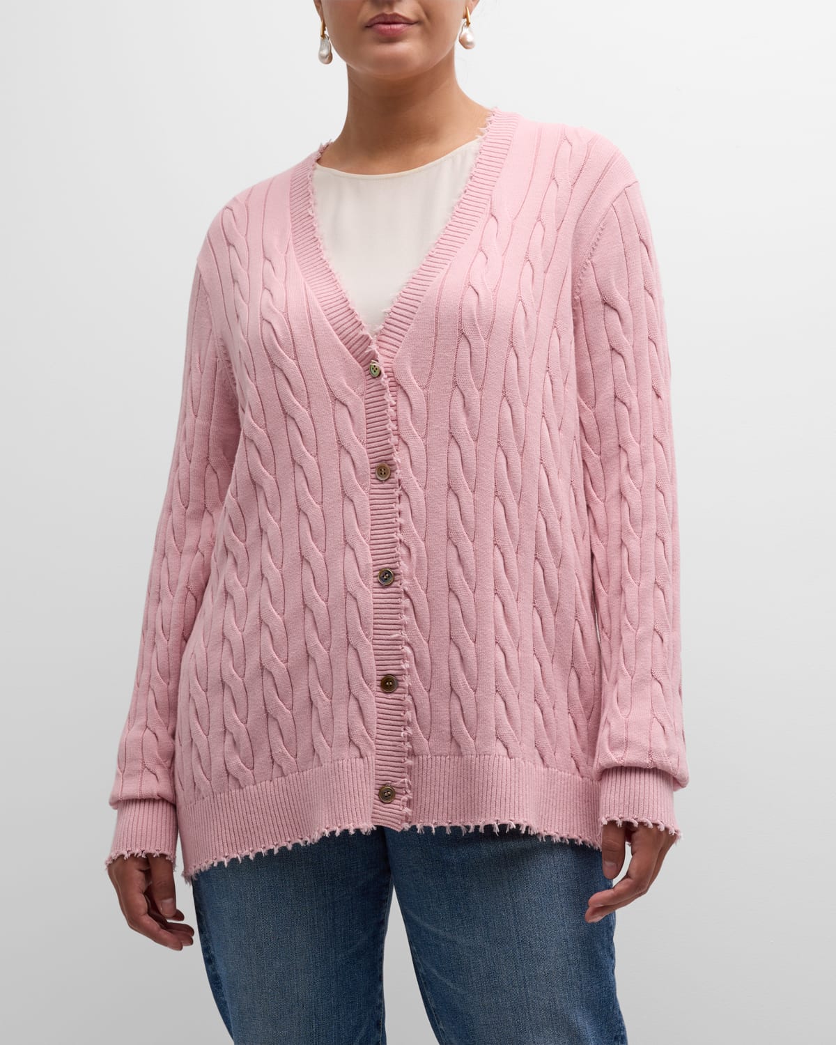 Plus Size Frayed Cable-Knit Cardigan