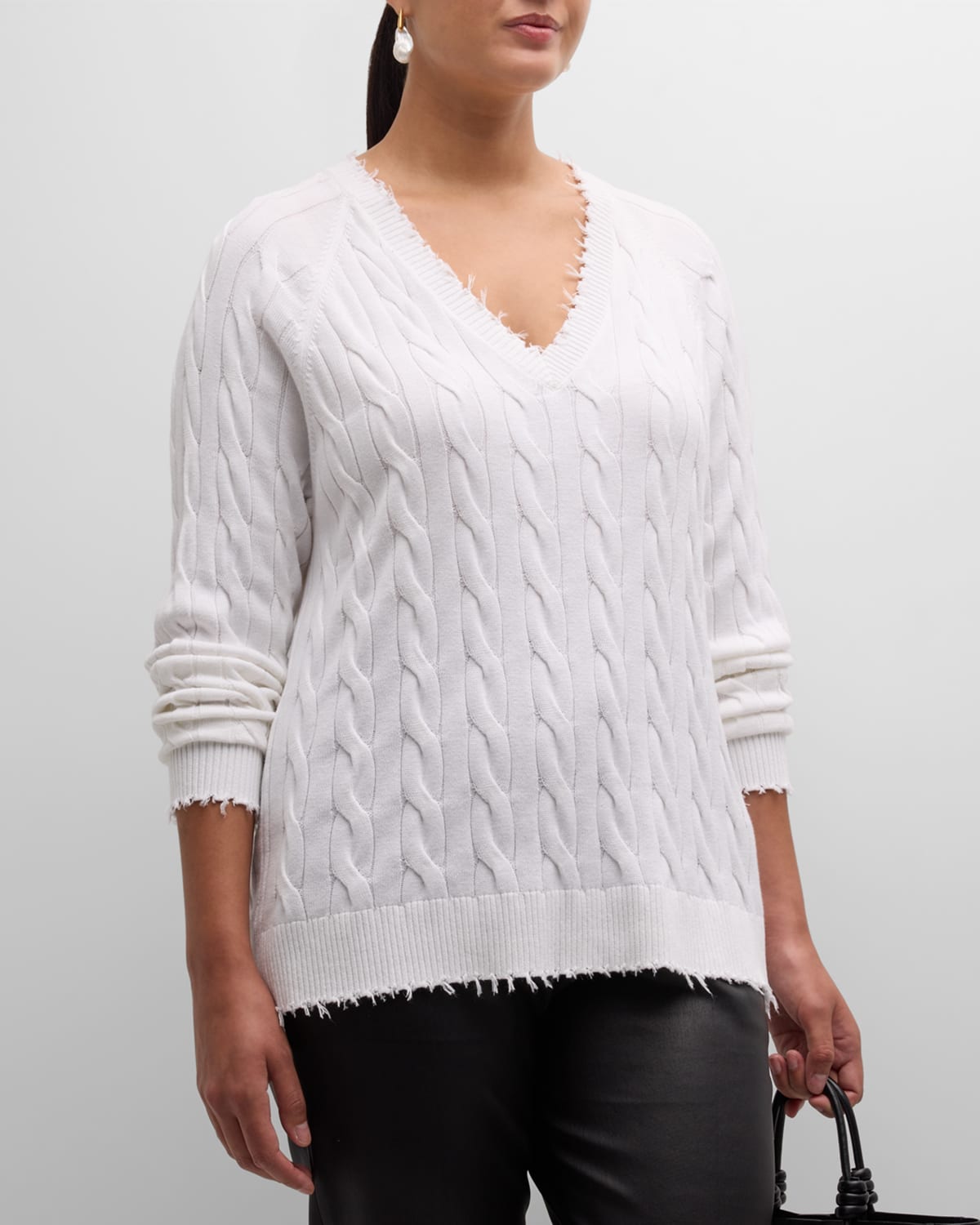 Plus Size Frayed Cable-Knit Sweater
