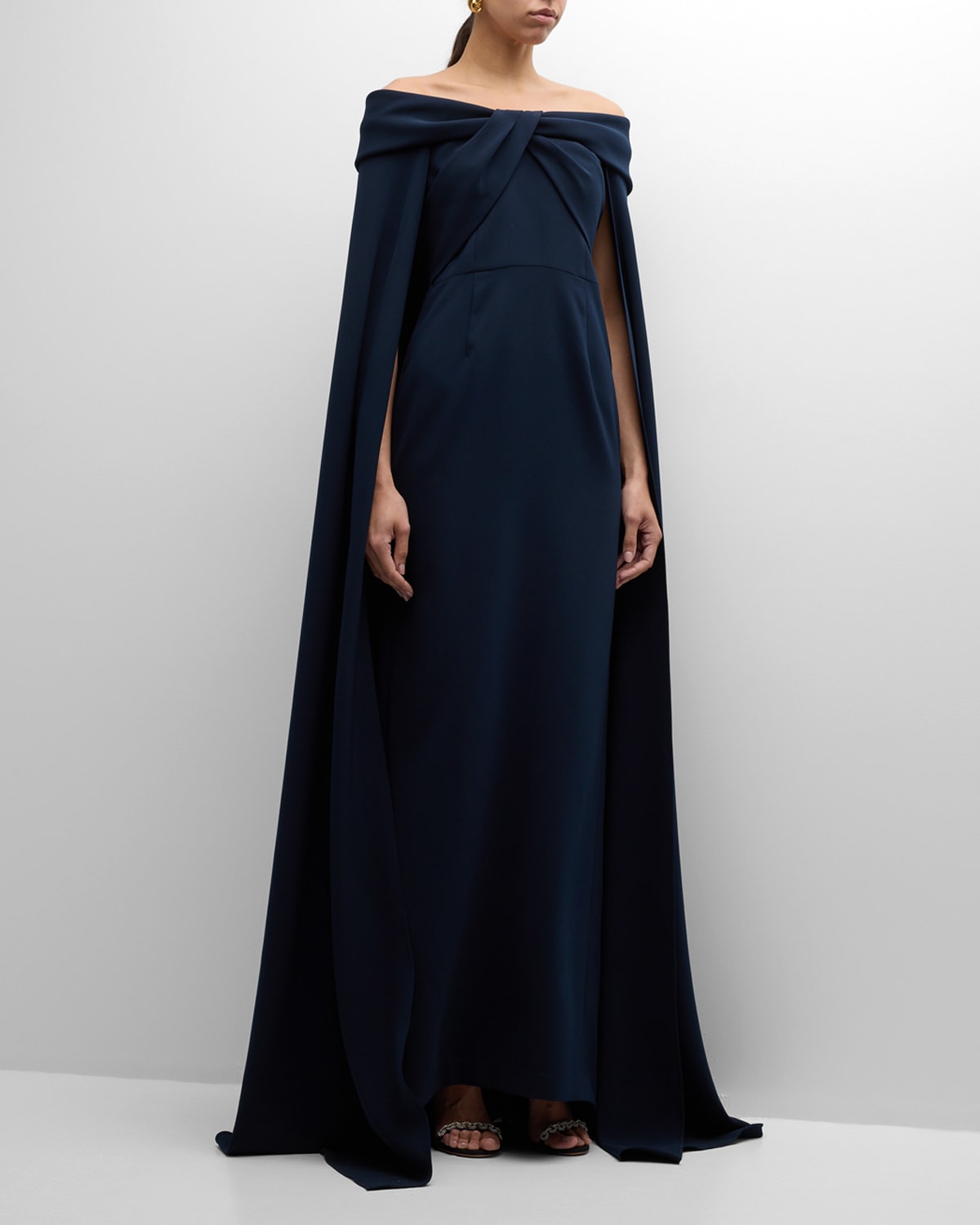 Rickie Freeman For Teri Jon Off-shoulder Crepe Cape Gown In Navy