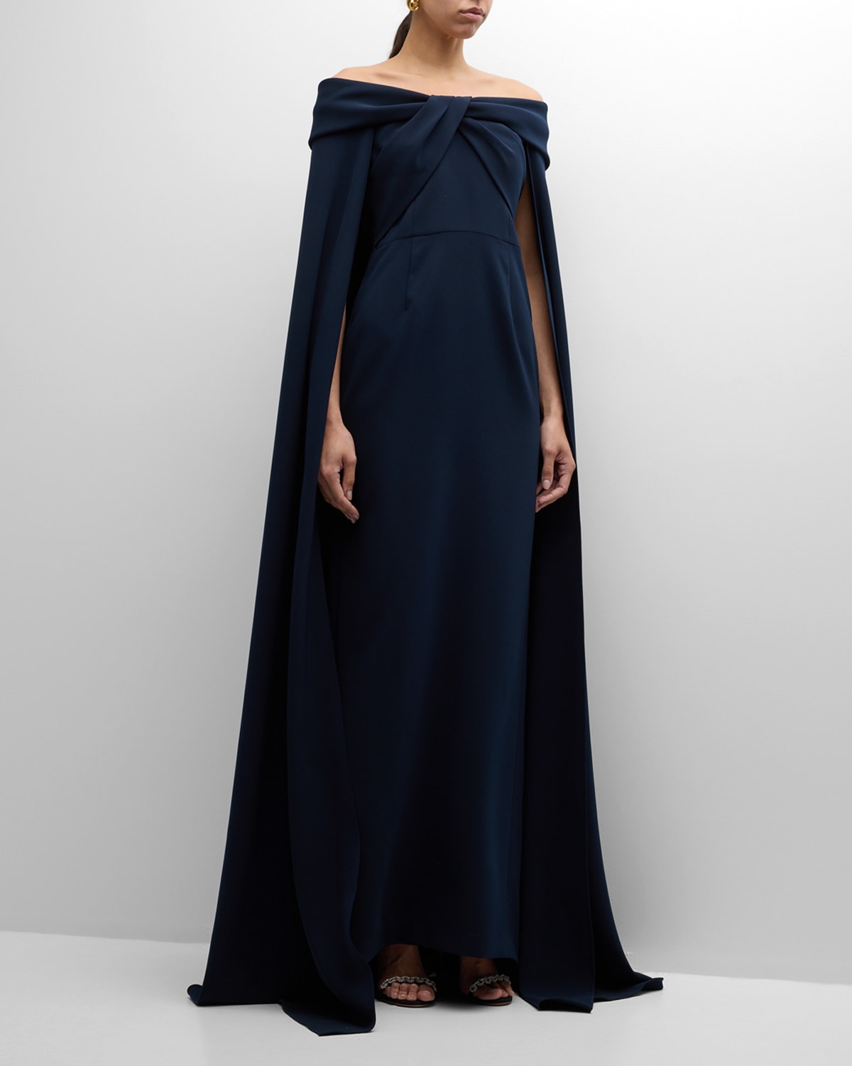 Shop Rickie Freeman For Teri Jon Off-shoulder Crepe Cape Gown In Navy