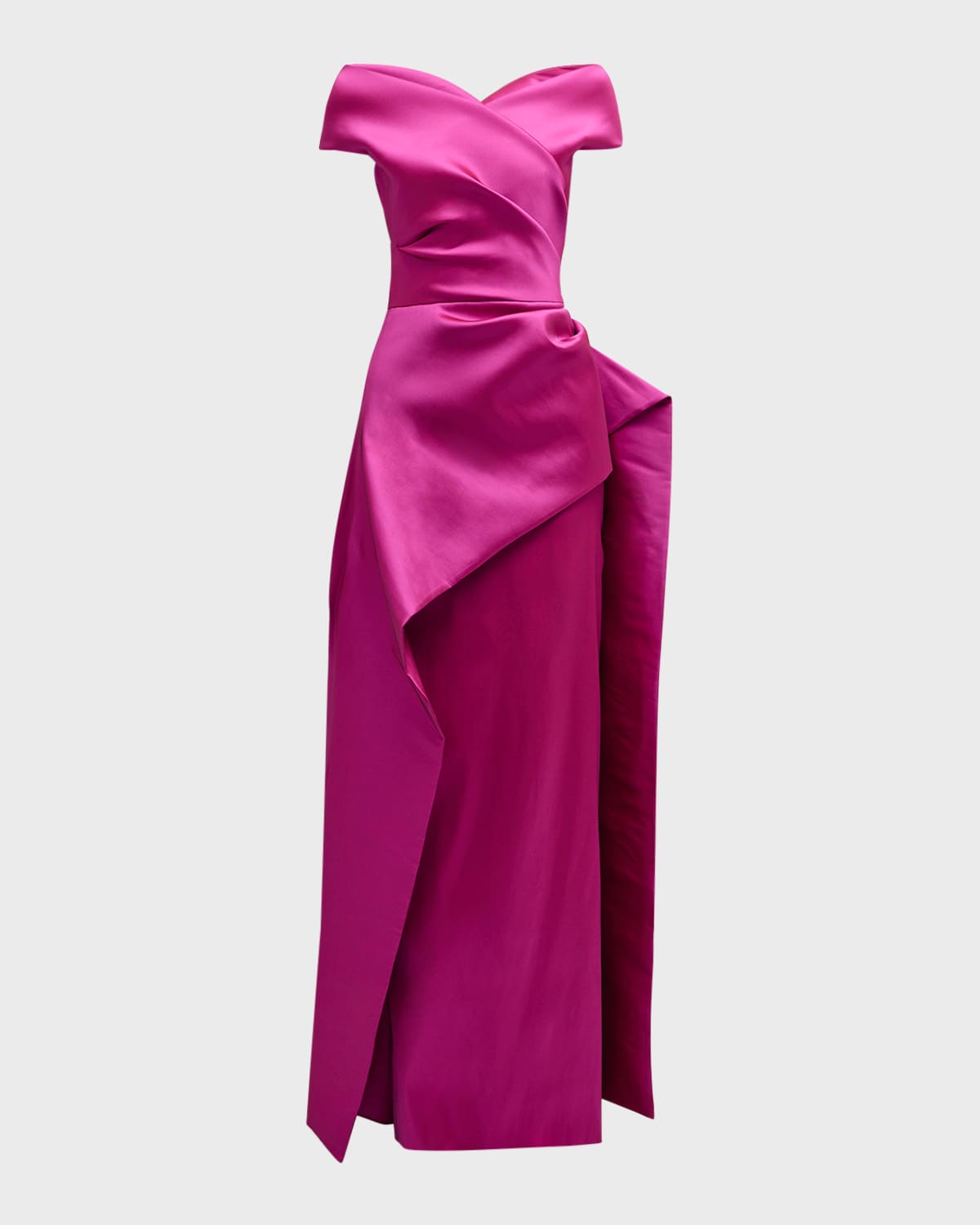 Rickie Freeman For Teri Jon Pleated Off-shoulder Peplum Gown In Fuchsia