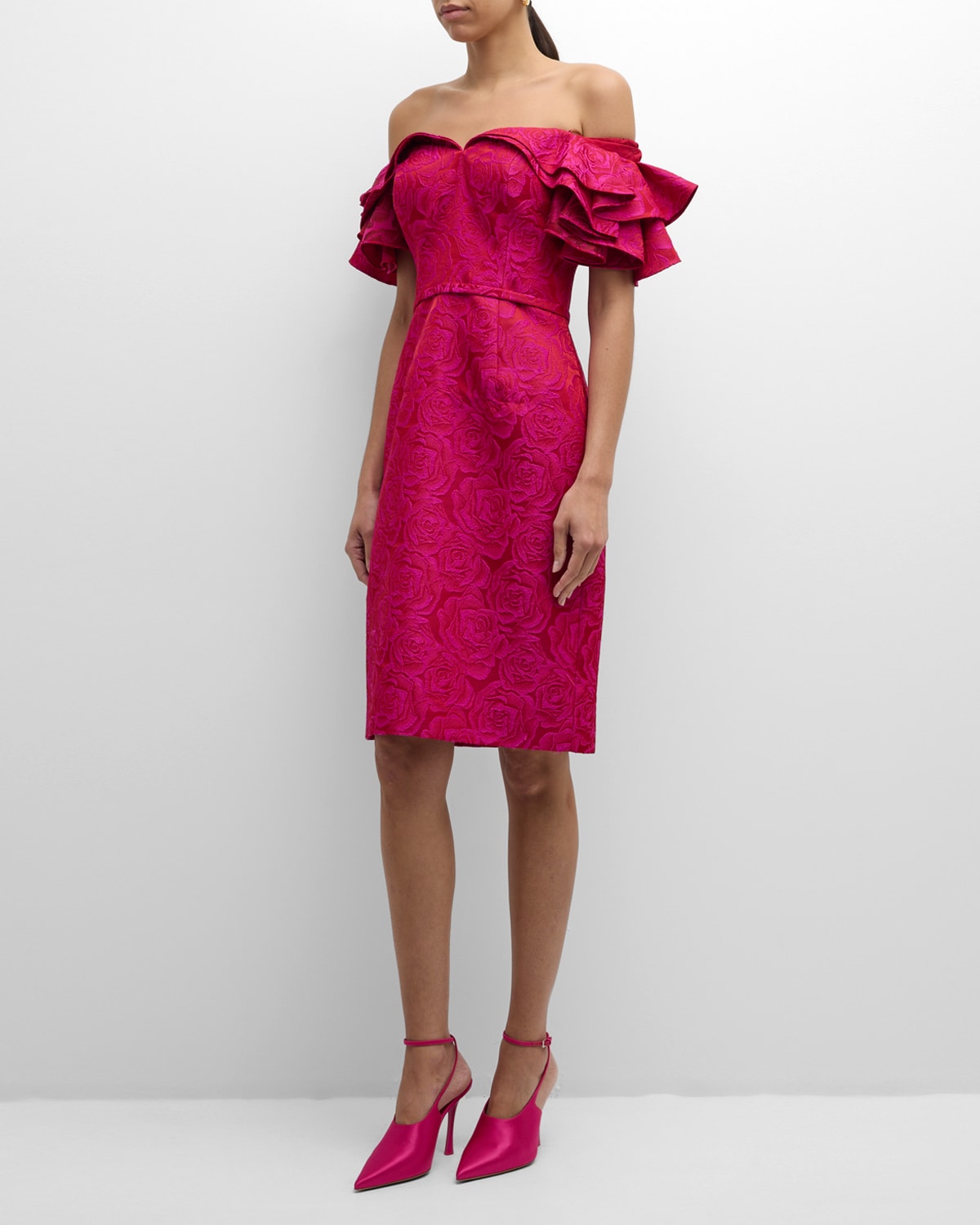 Ruffle Off-Shoulder Floral Jacquard Dress