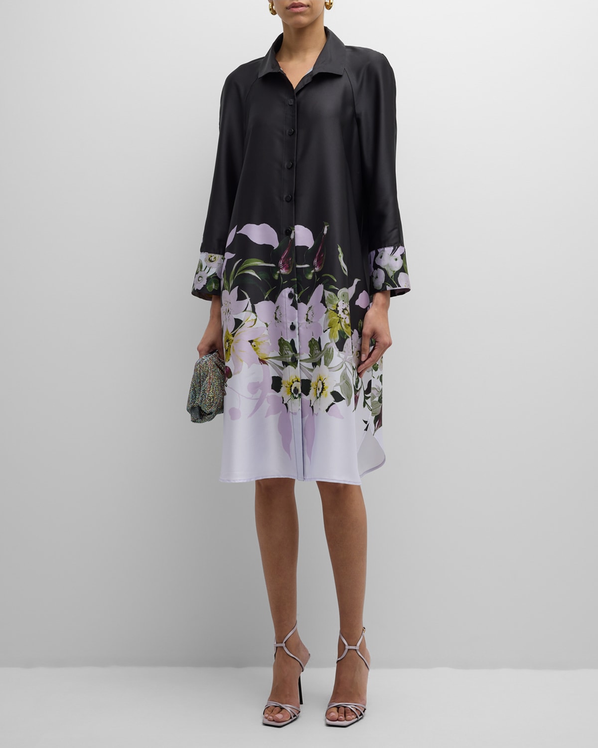 Shop Rickie Freeman For Teri Jon Floral-print Twill Shift Shirtdress In Black Mult
