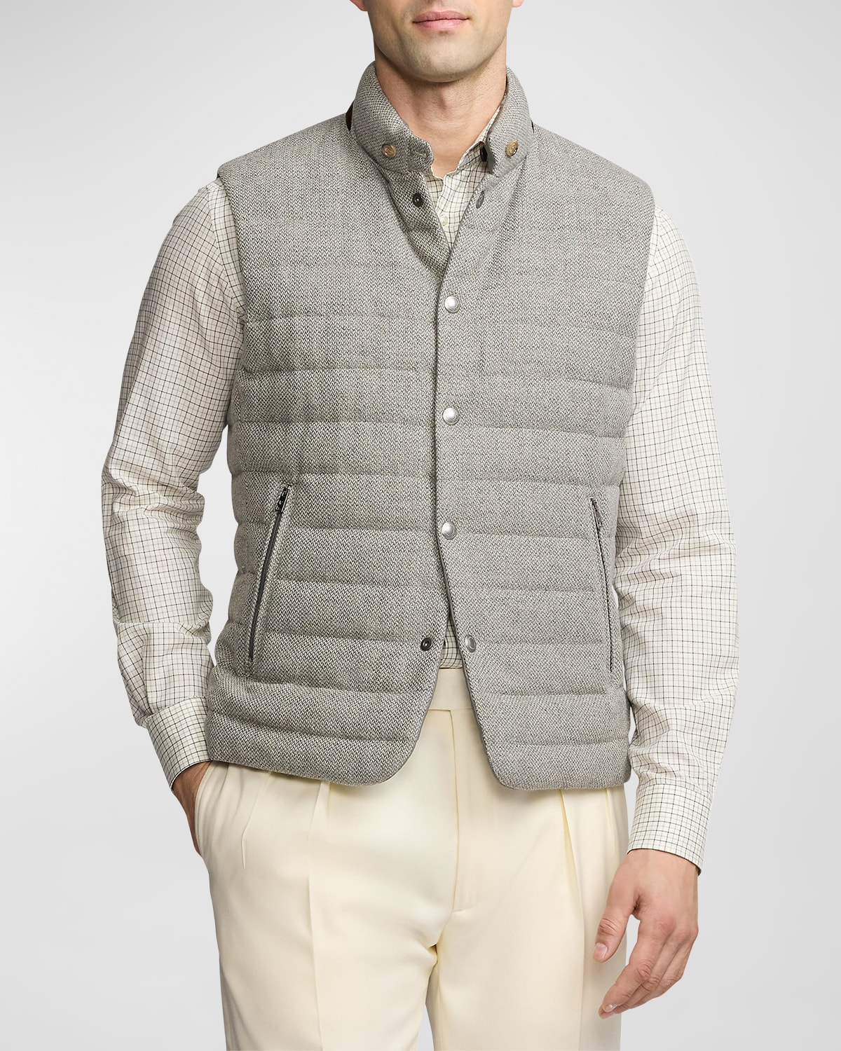 Ralph Lauren Purple Label Men's Palmerton Reversible Silk Tweed Down Vest In Gray