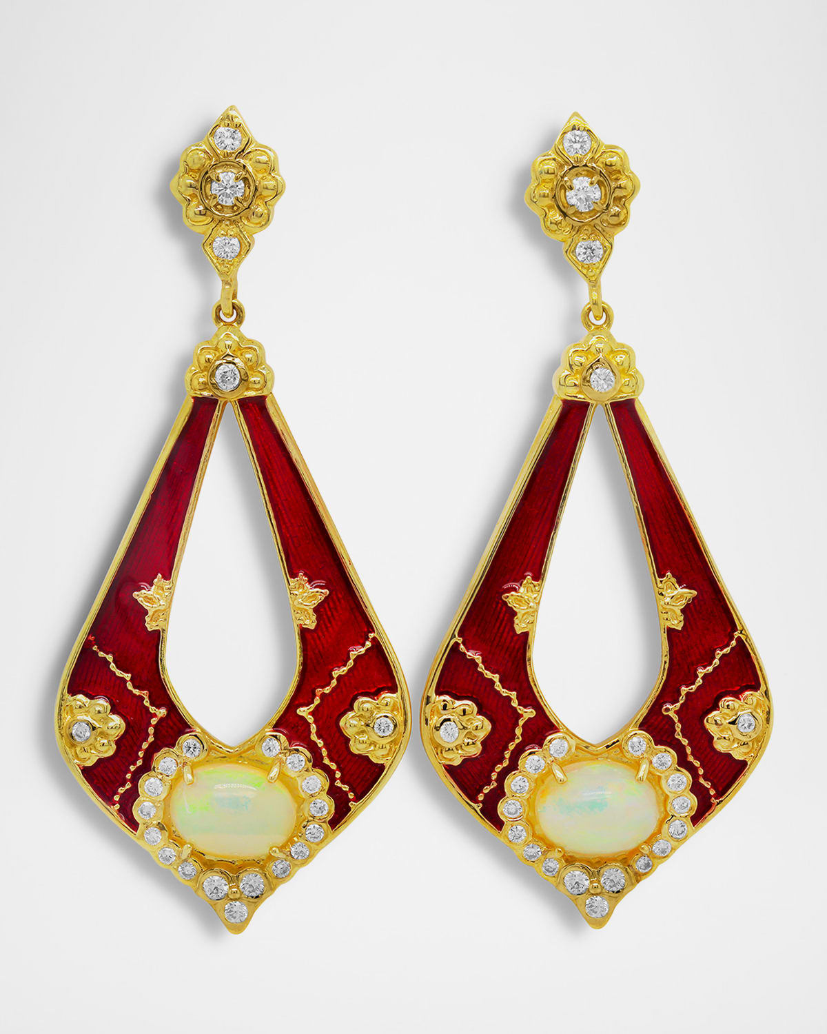 Colors of Life 18K Yellow Gold Red Enamel Earrings with Ethiopian Opals and Diamonds