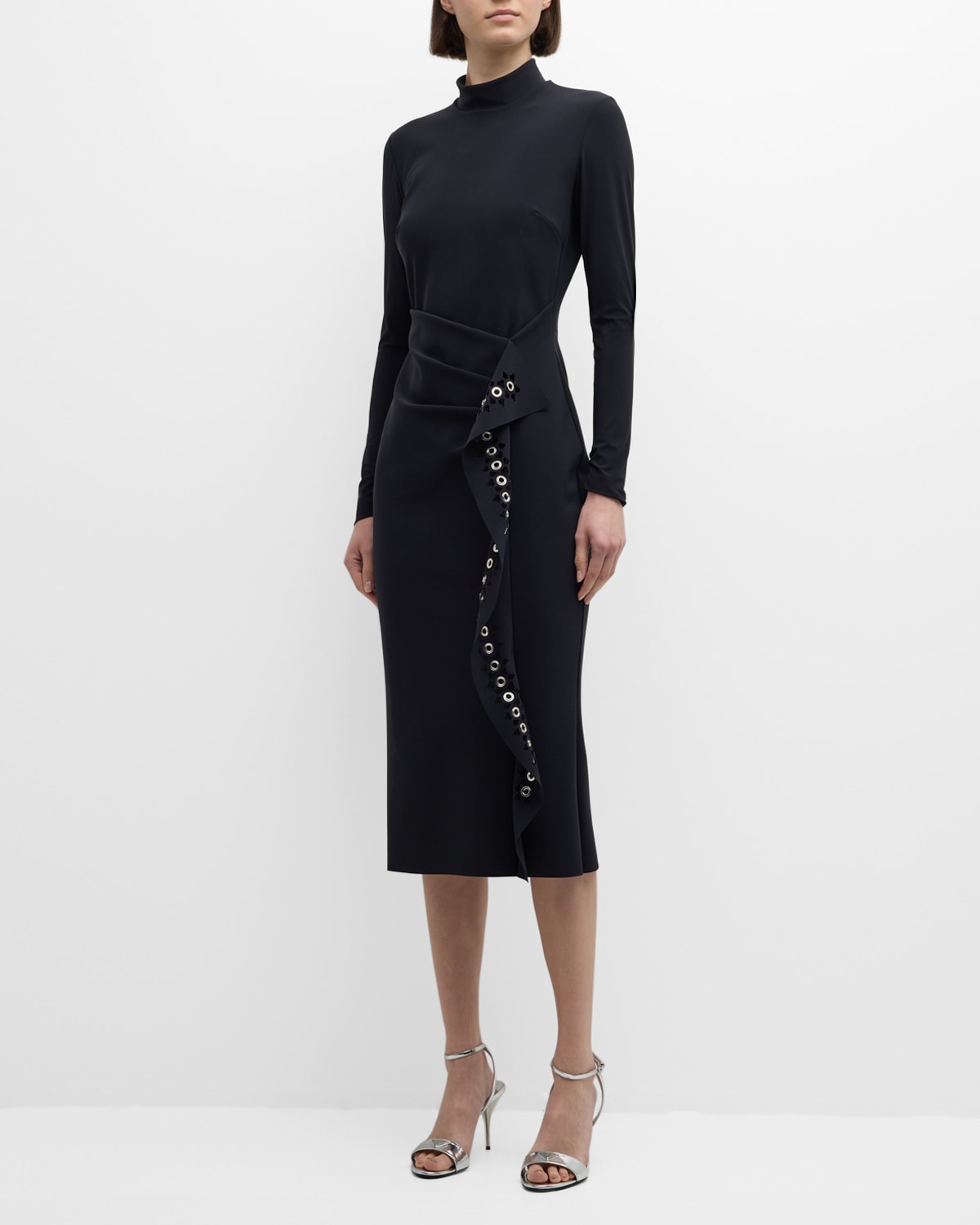Shop Chiara Boni La Petite Robe Cutout Ruffle Mock-neck Midi Dress In Black