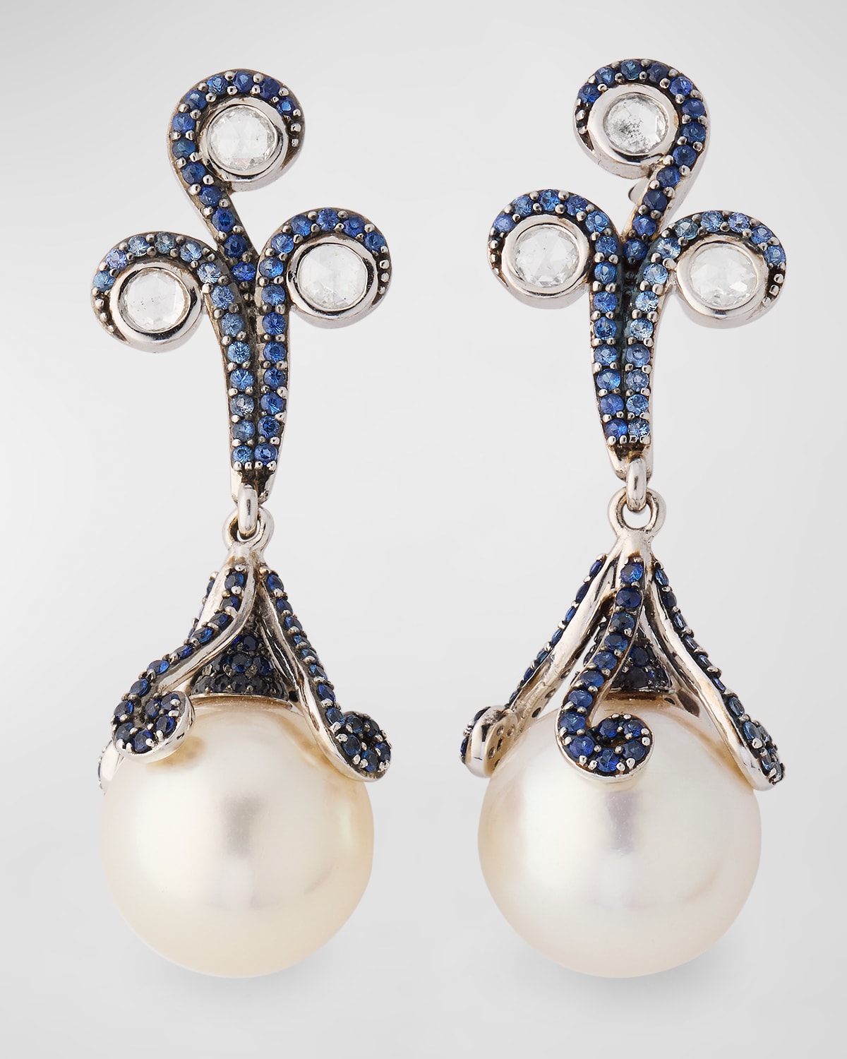 18K White Gold 12mm South Sea Pearl, Sapphire and Diamond Earrings