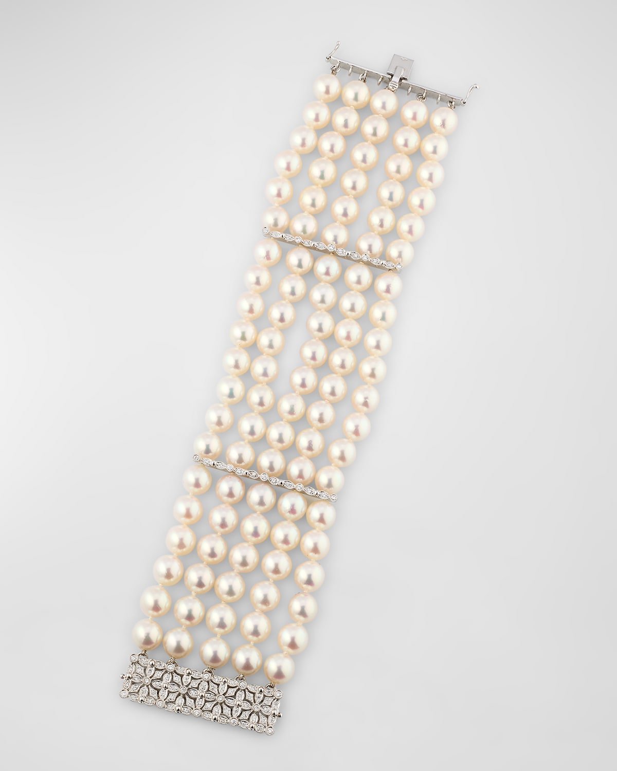 18K White Gold 5 Row Diamond and 8-8.5mm Akoya Bracelet, 7.5"L