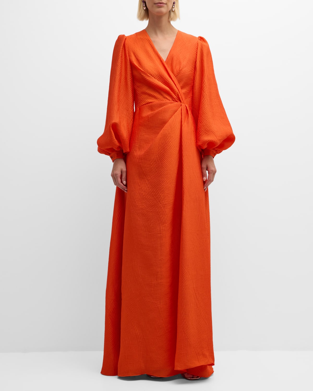 Eden Pleated Blouson-Sleeve Jacquard Gown