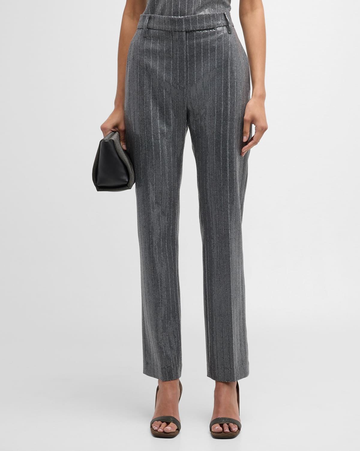 Pinstripe Sequin Embroidered Flannel Straight-Leg Pants