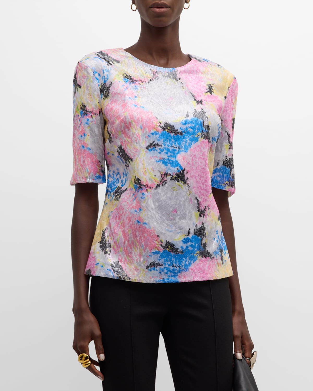 Painted Floral Sequin Mesh Sequin Fitted T-Shirt