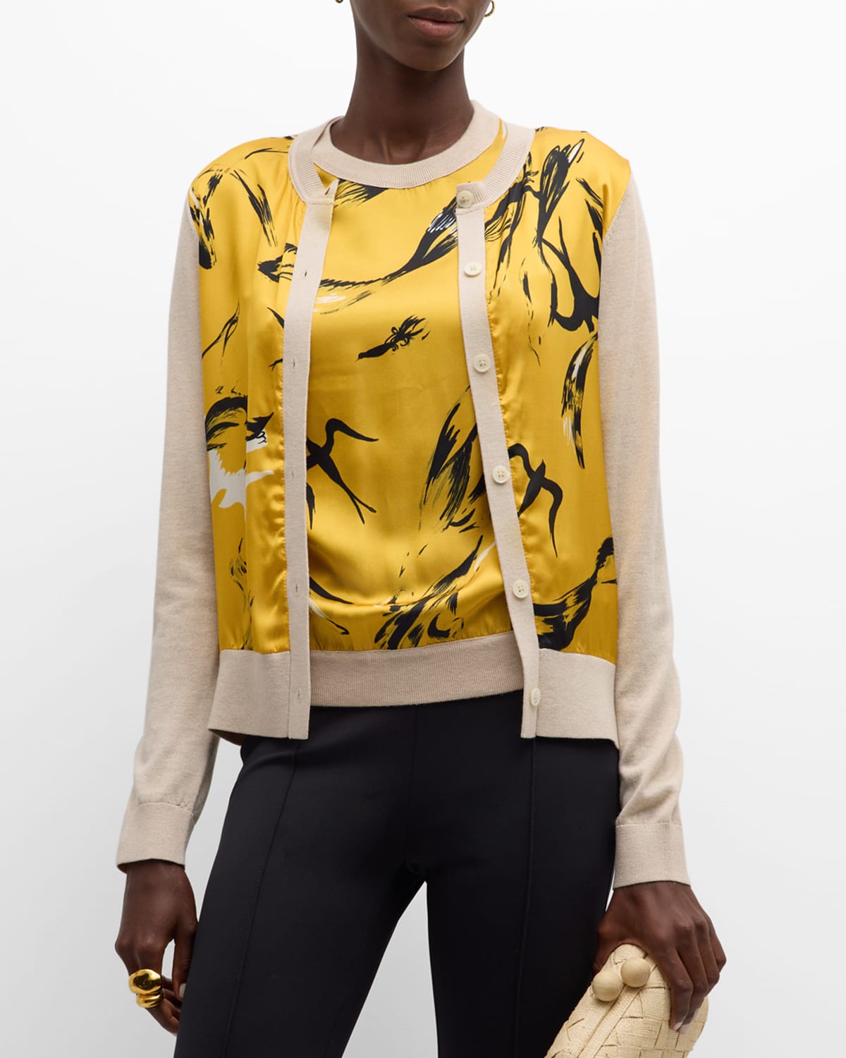 Silk Print Inset Wool Cashmere Top