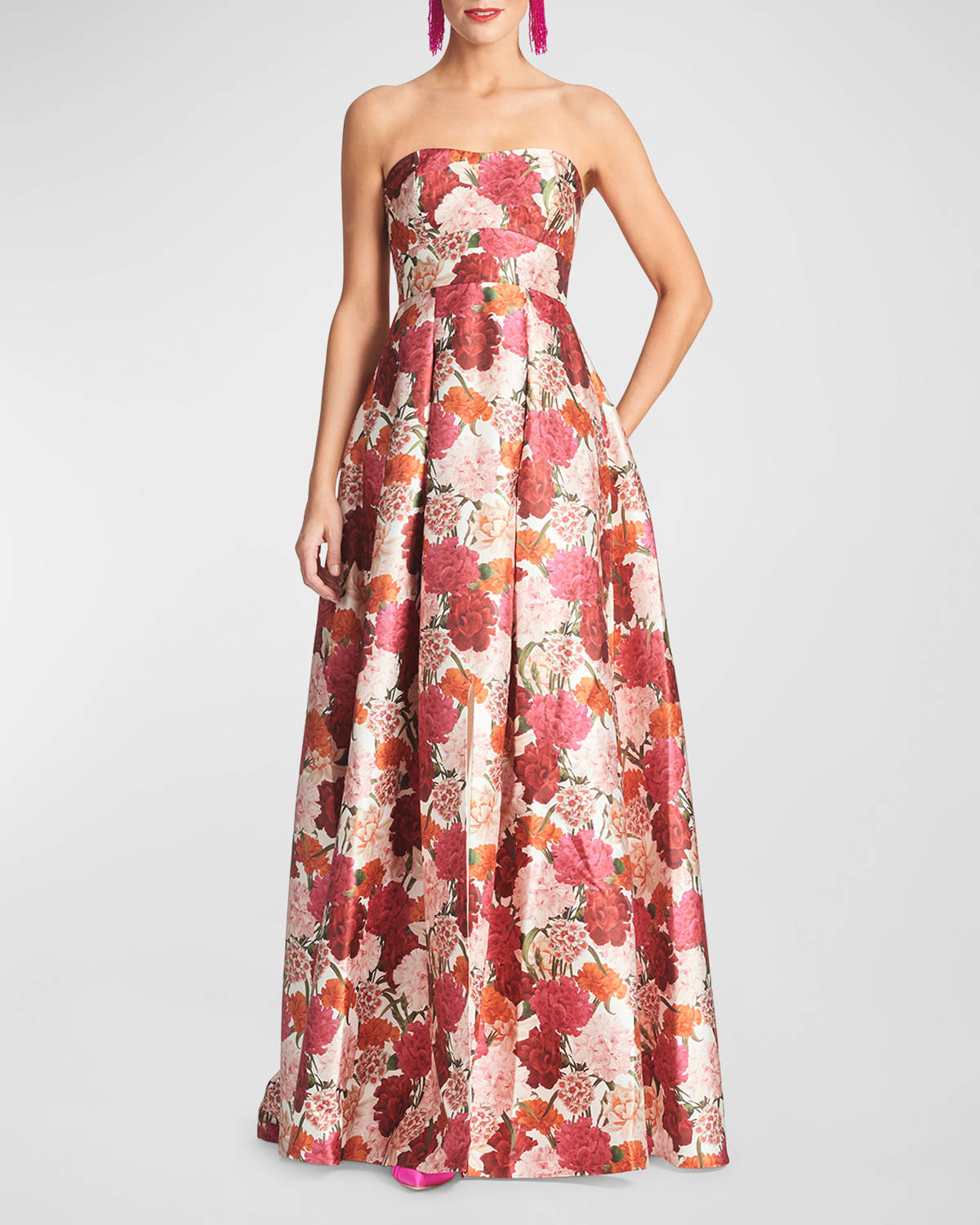 Giovanna Strapless Pleated Floral-Print Gown