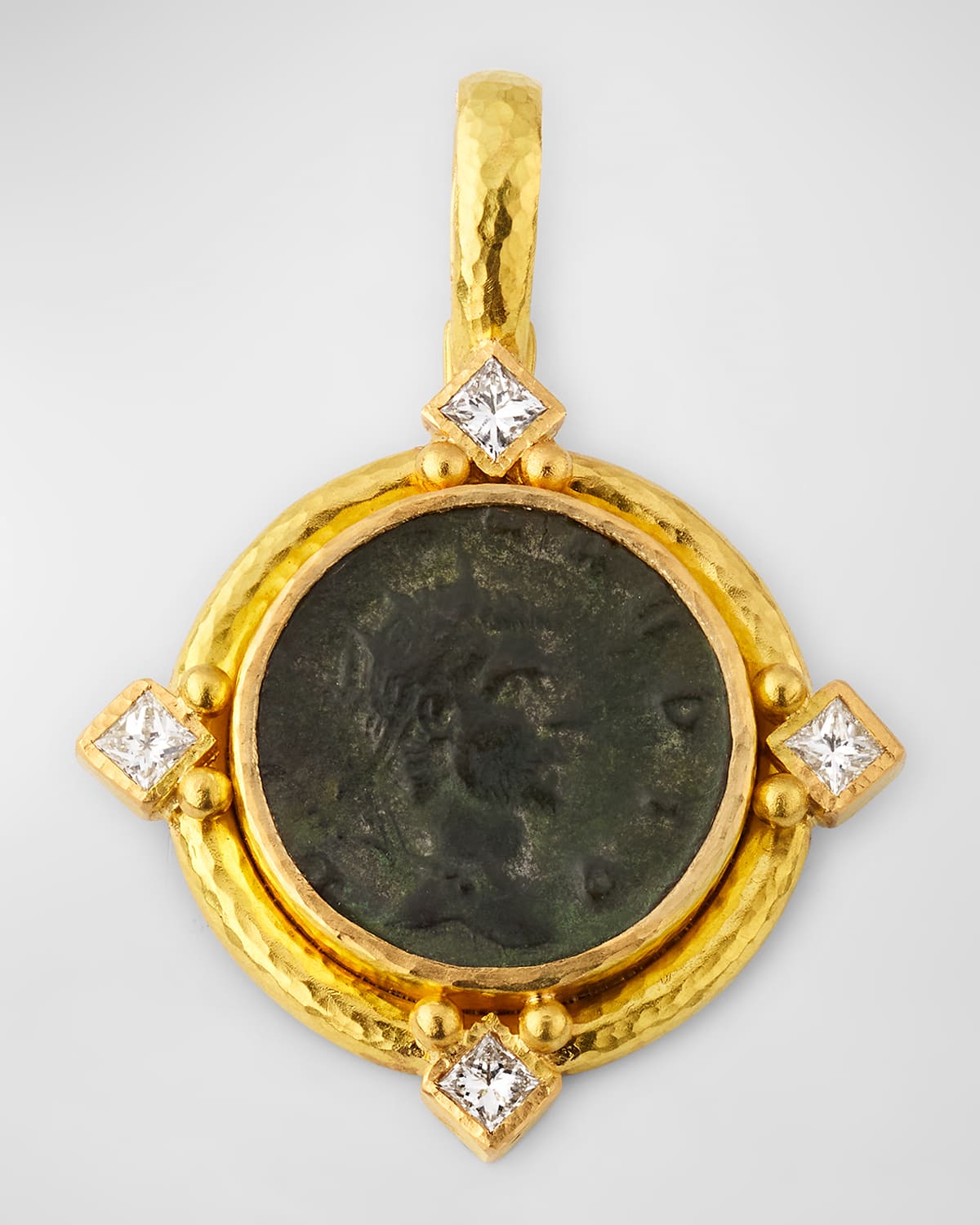 19K Medium Round Roman Bronze Coin and Diamond Pendant