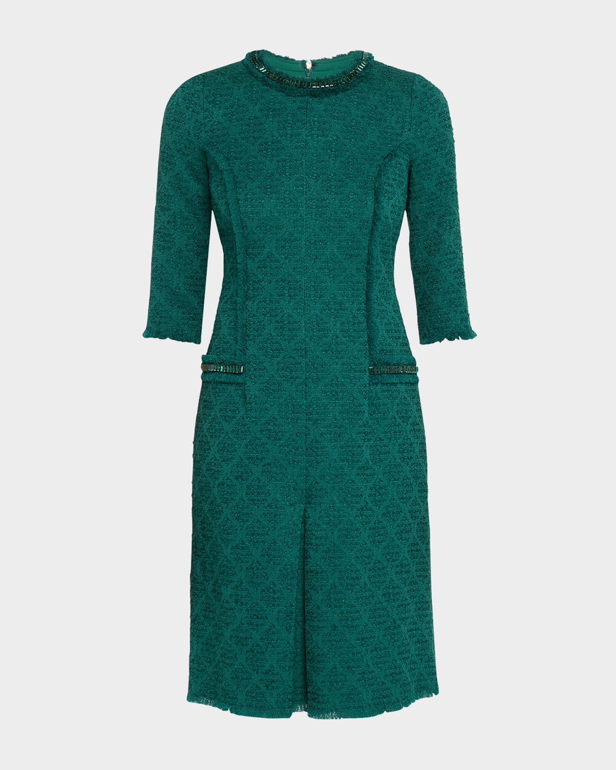 Rickie Freeman For Teri Jon Fringe-trim Stretch Boucle Dress In Emerald