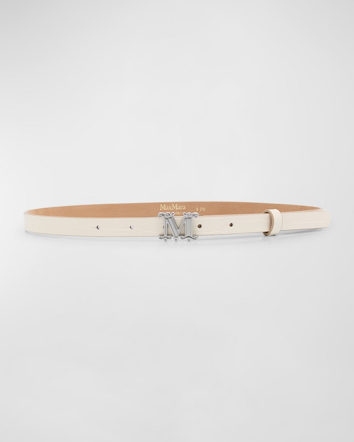 Max Mara Croc-embossed White Leather Skinny Belt In Ivory