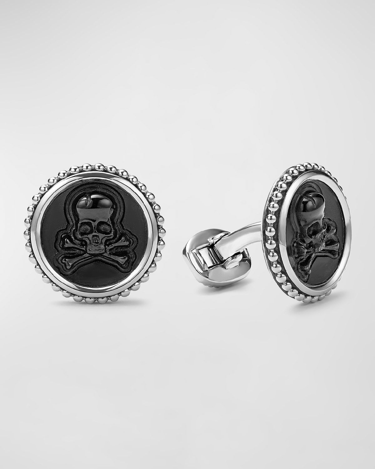 Men's Sterling Silver Anthem Black Agate Skull Cufflinks, 20mm