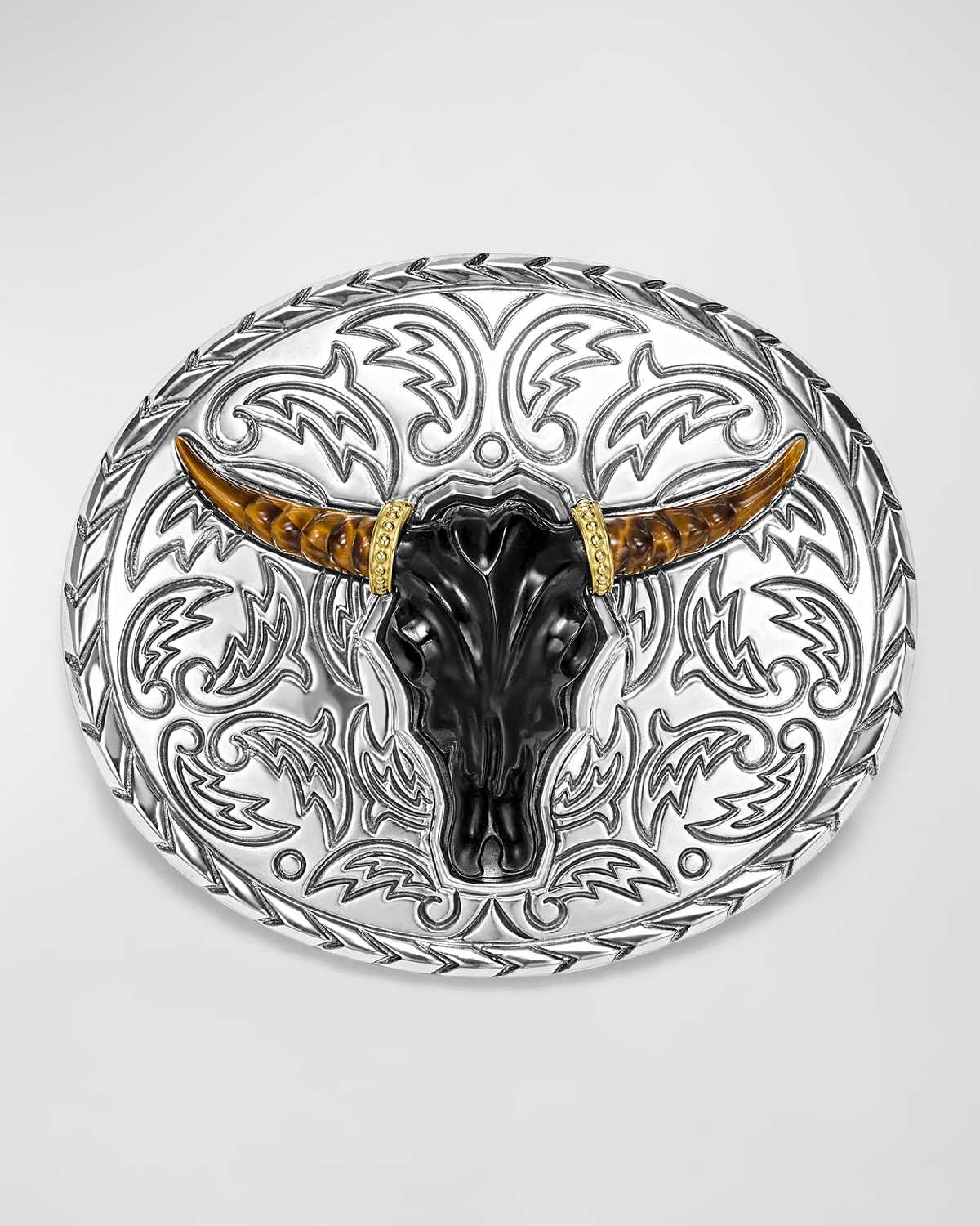 Men's Sterling Silver and 18K Anthem Black Agate Longhorn Belt Buckle, 85mm