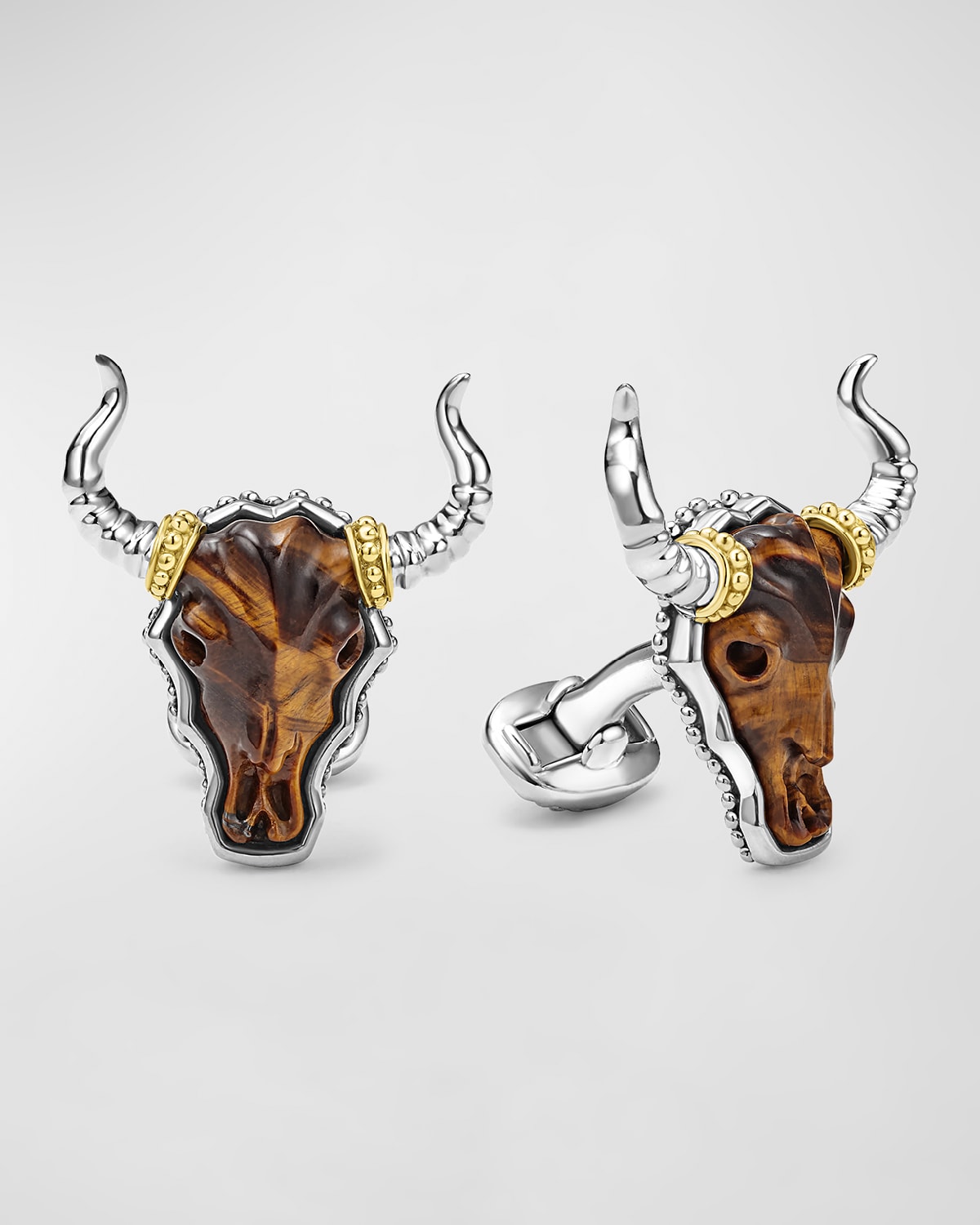 Men's Sterling Silver 18K Anthem Tiger's Eye Longhorn Cufflinks, 29x25mm