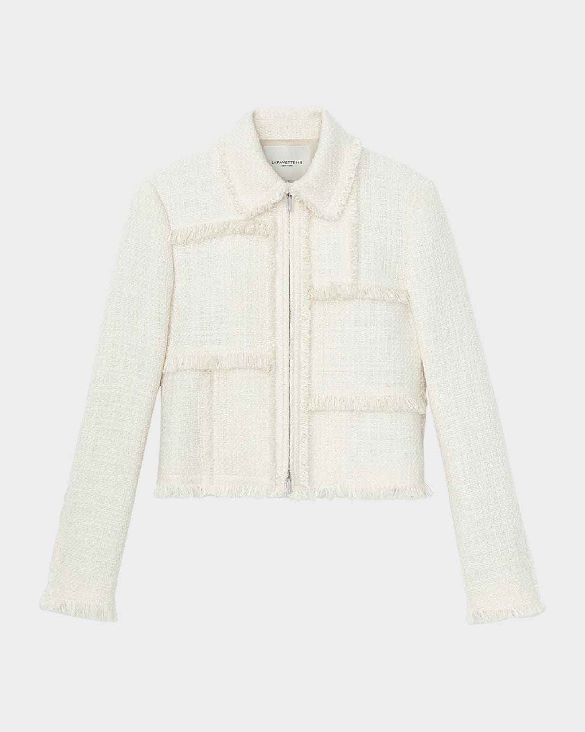 Lafayette 148 Fringe-trim Boucle Tweed Jacket In Cloud