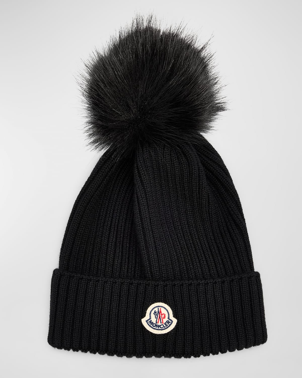 Moncler Ribbed Wool Beanie W/ Faux Fur Pom In Black