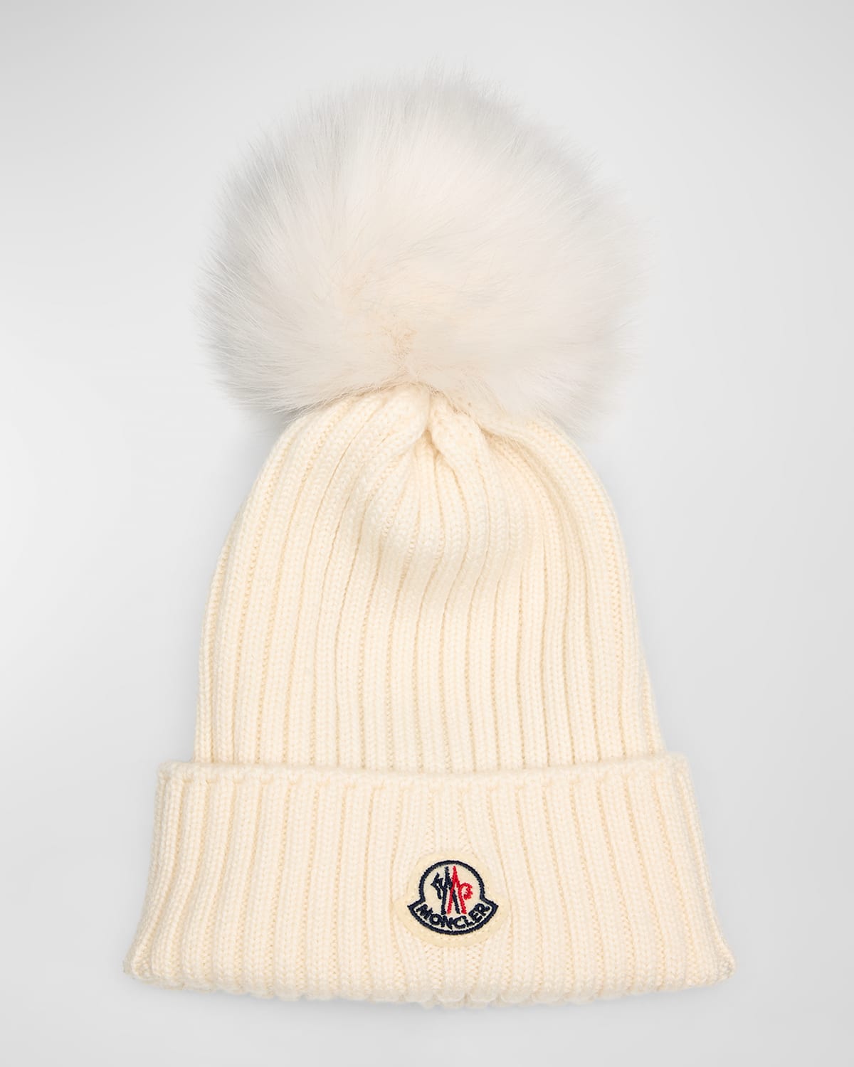 Moncler Ribbed Wool Beanie W/ Faux Fur Pom In White