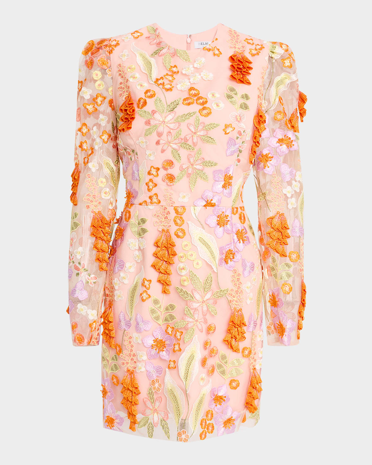 Erika Puff-Shoulder Floral Applique Mini Dress