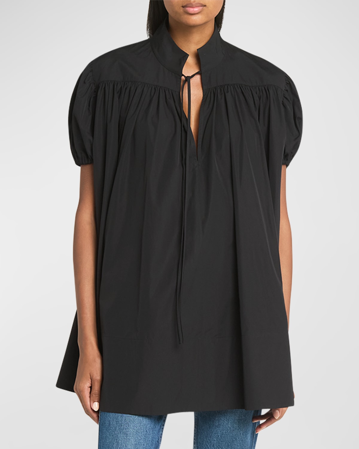 Shop Co Gathered Short-sleeve Tton Tunic Top In Black