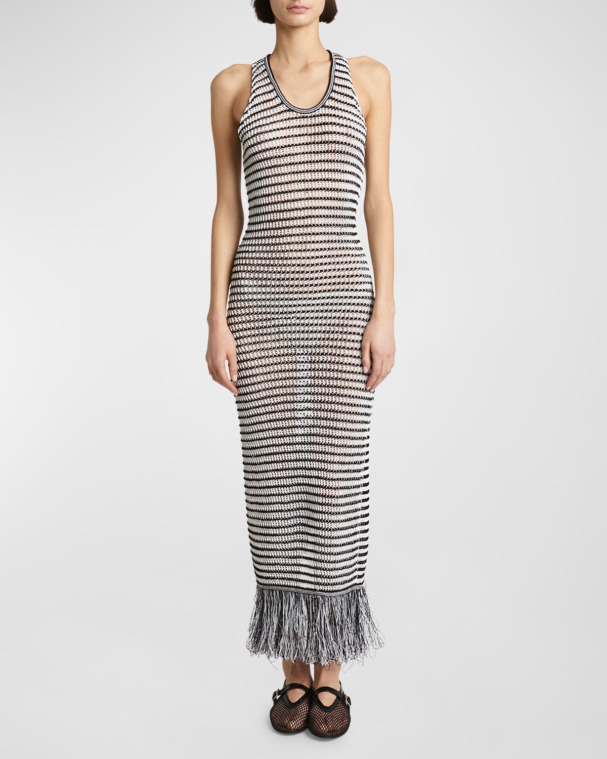 Shop Alaïa Striped Crochet-knit Sleeveless Maxi Dress With Fringe Hem In Blancnoir