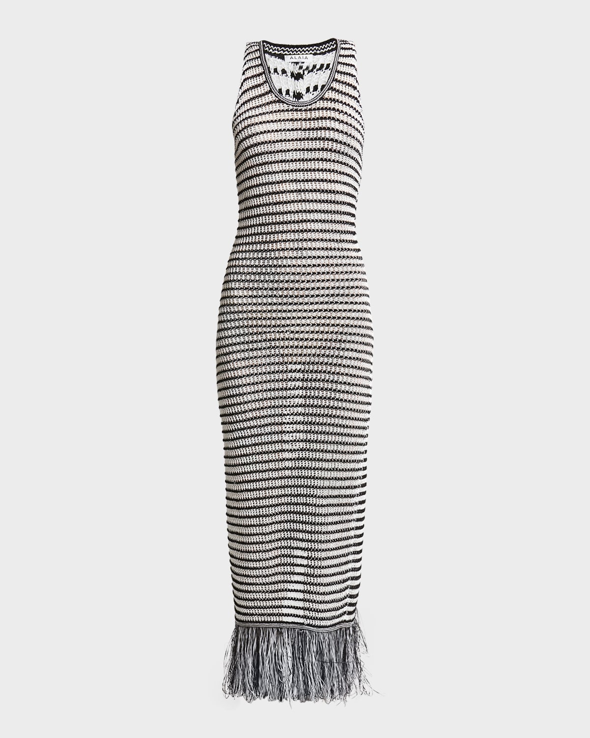 ALAÏA STRIPED CROCHET-KNIT SLEEVELESS MAXI DRESS WITH FRINGE HEM 