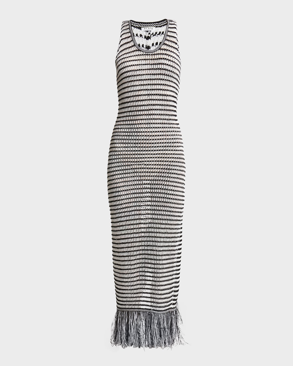 Shop Alaïa Striped Crochet-knit Sleeveless Maxi Dress With Fringe Hem In Blancnoir