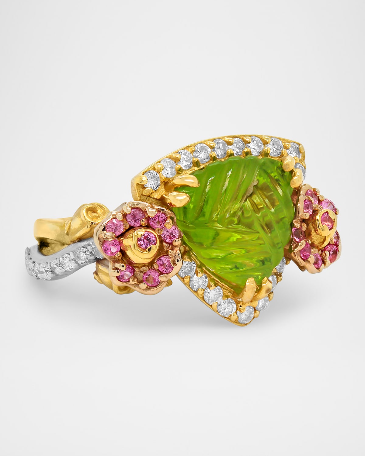 Rose Garden 18K Two Tone Ring with Diamonds, Pink Sapphires and Peridot