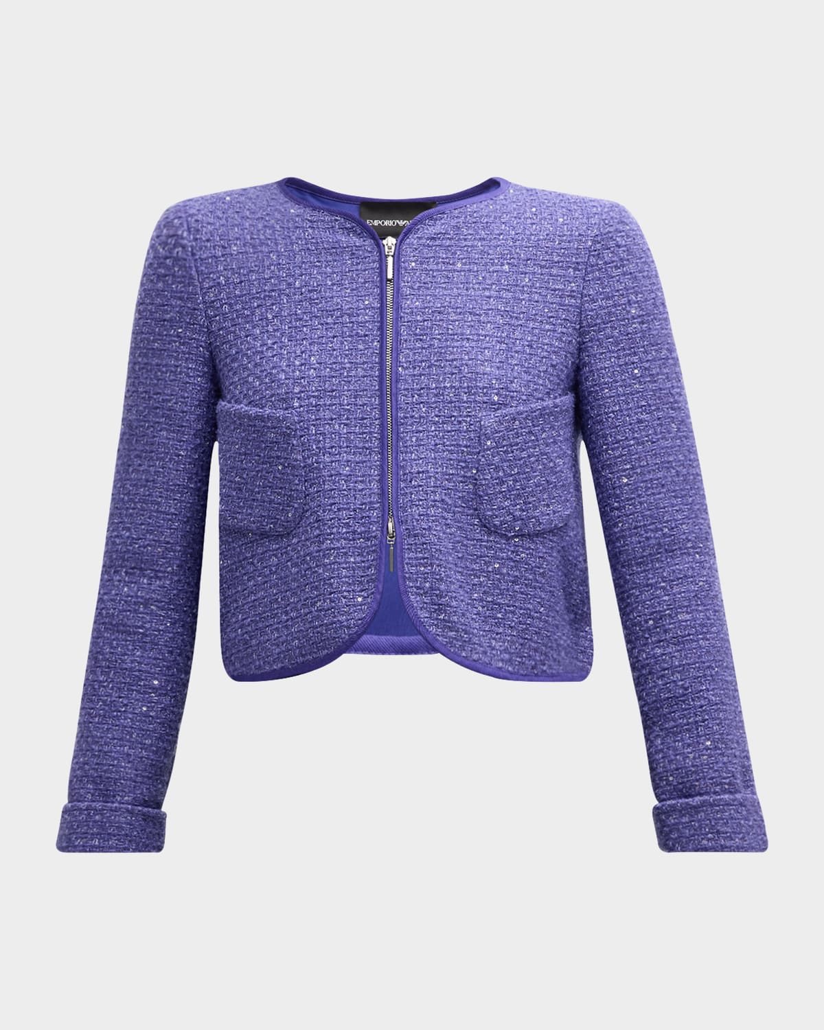 EMPORIO ARMANI CROPPED ZIP-FRONT SEQUIN TWEED JACKET 