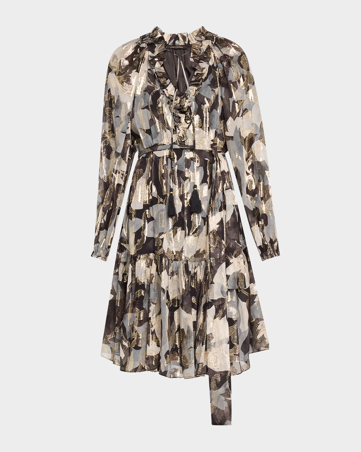 Kobi Halperin Jenson Metallic Ruffle Long Sleeve Silk Dress In Graphite Multi