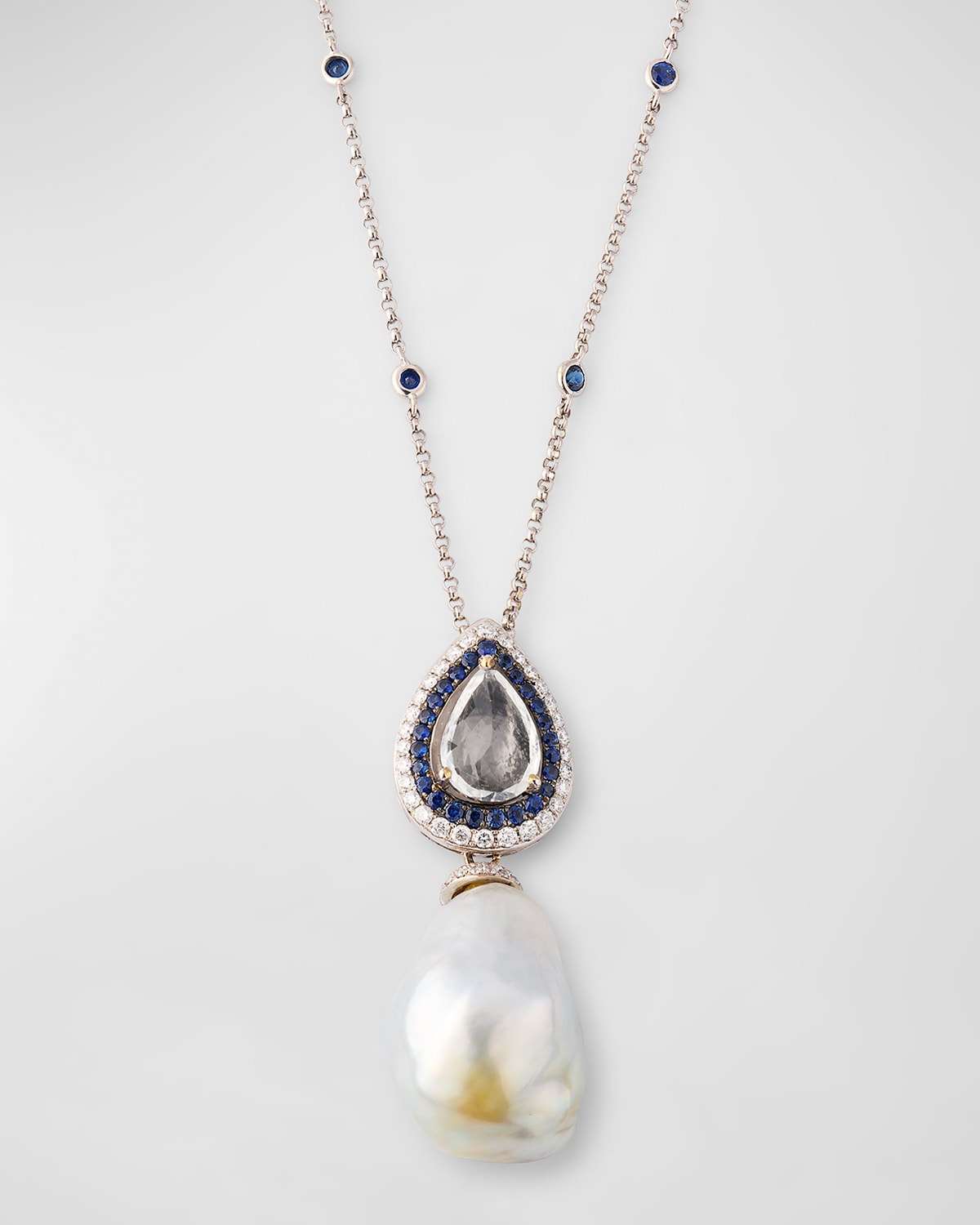 18K White Gold Moonstone, Sapphire and Diamond Necklace with Pearl Pendant, 18"L