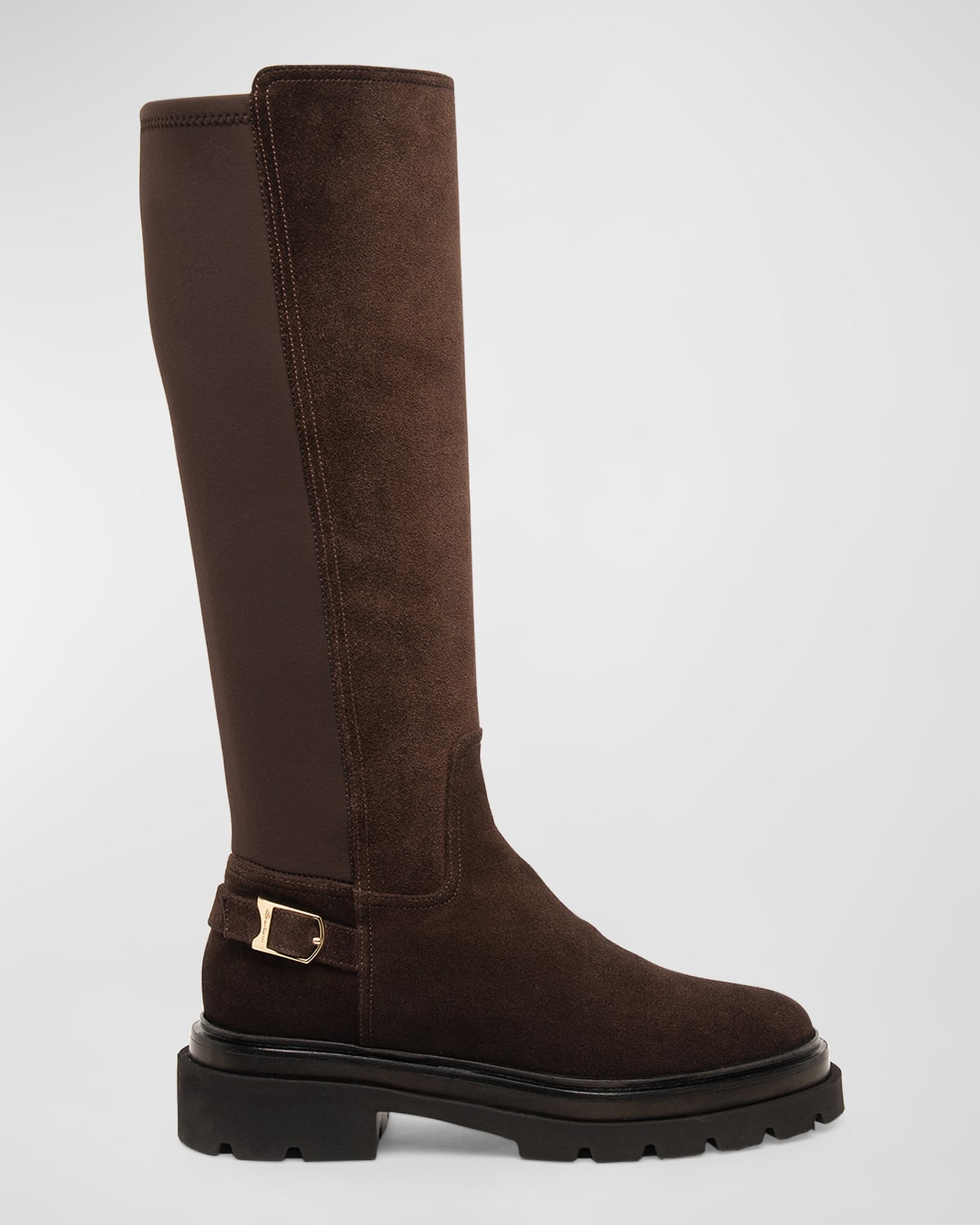 Shop Santoni Stretch Suede Buckle Knee Boots In Brown