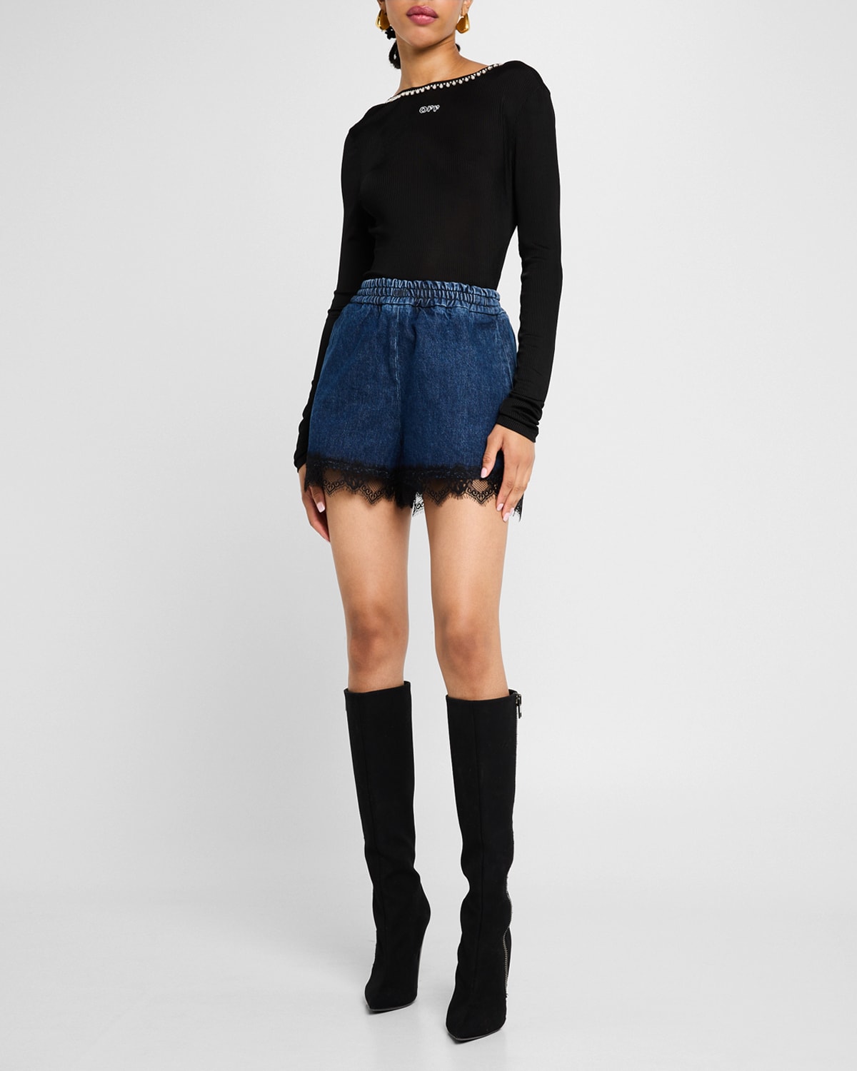 20s Lace-Trim Denim Pull-On Shorts