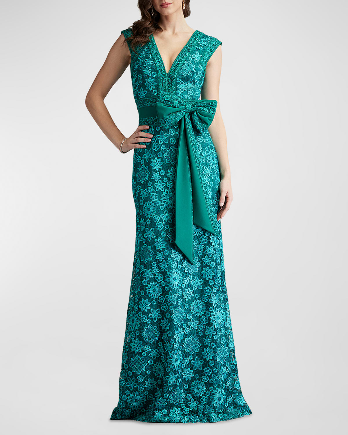 Sleeveless Bow-Front Floral Lace Gown