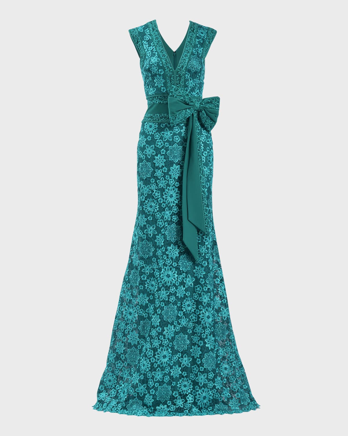 Tadashi Shoji Sleeveless Bow-front Floral Lace Gown In Emerald
