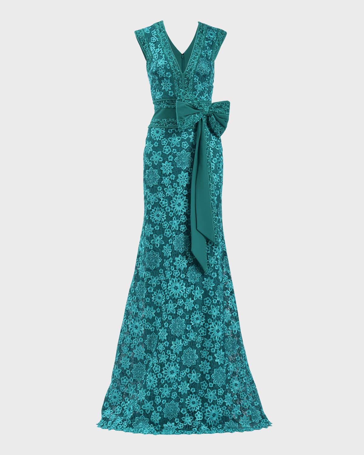 Sleeveless Bow-Front Floral Lace Gown