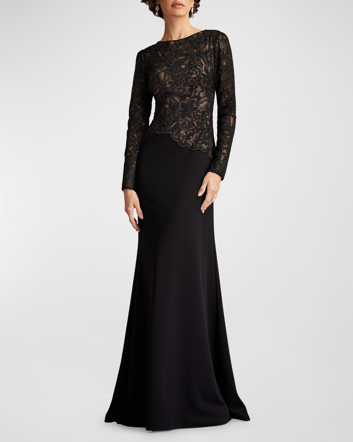 Tadashi Shoji A-line Crepe And Sequin Lace Gown In Blacknude