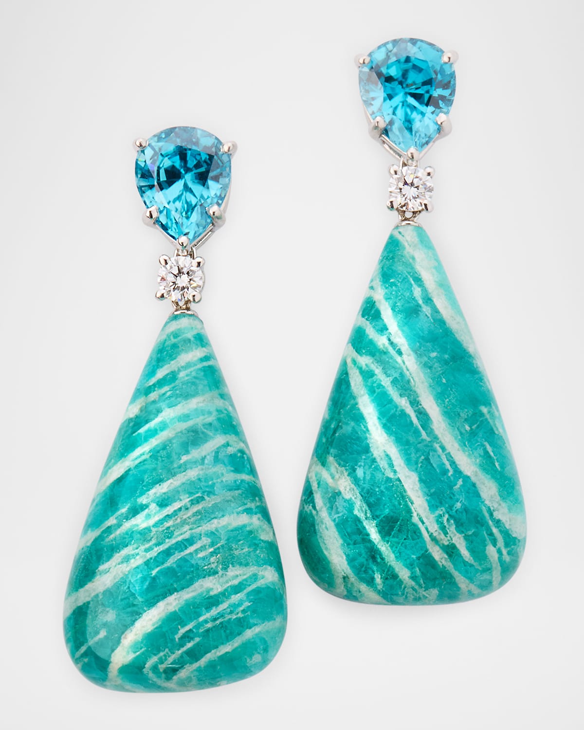 Robert Erich Platinum Diamond, Blue Zircon and Amazonite Drop Earrings