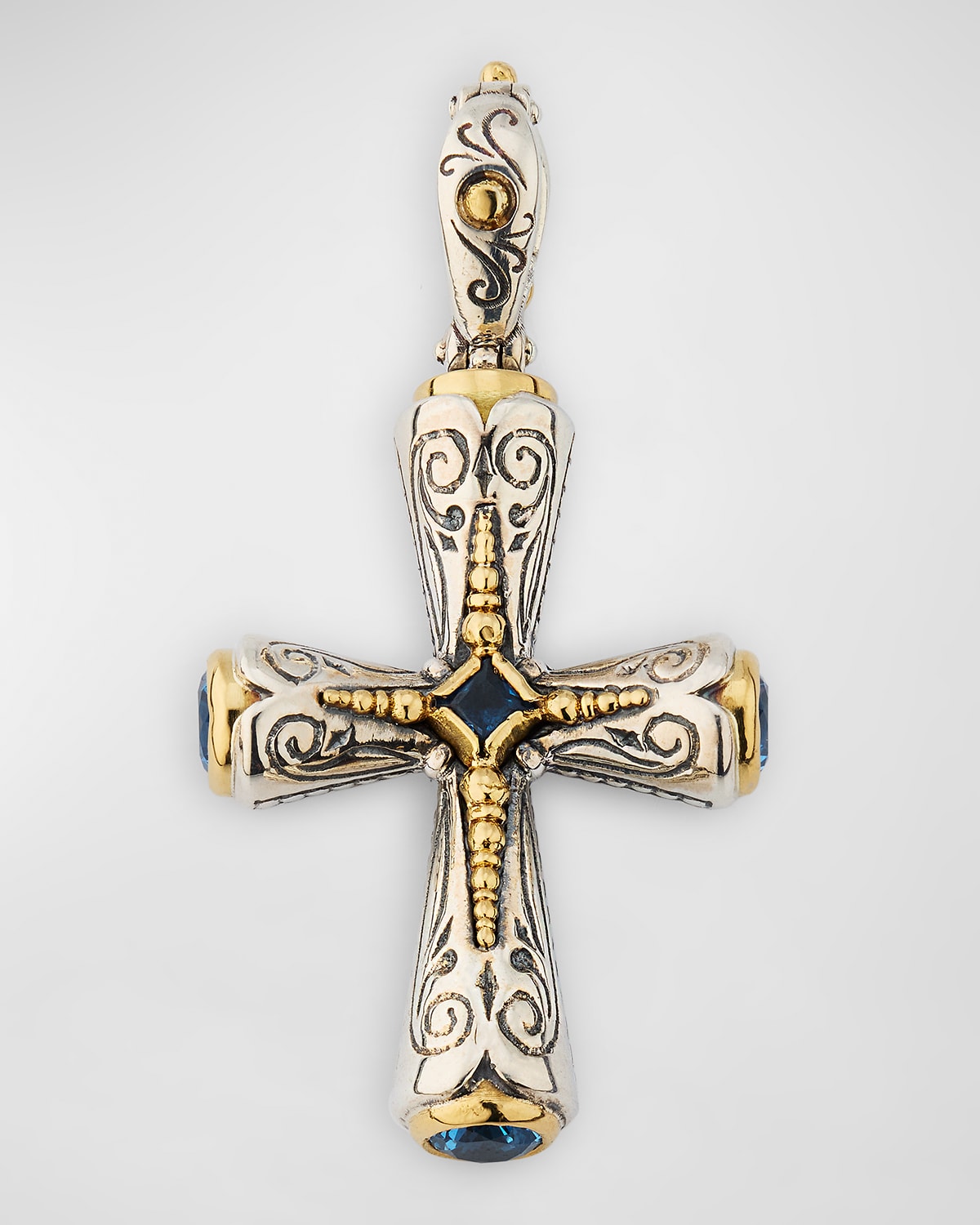 Silver and Gold Deep Blue Spinel Cross Pendant