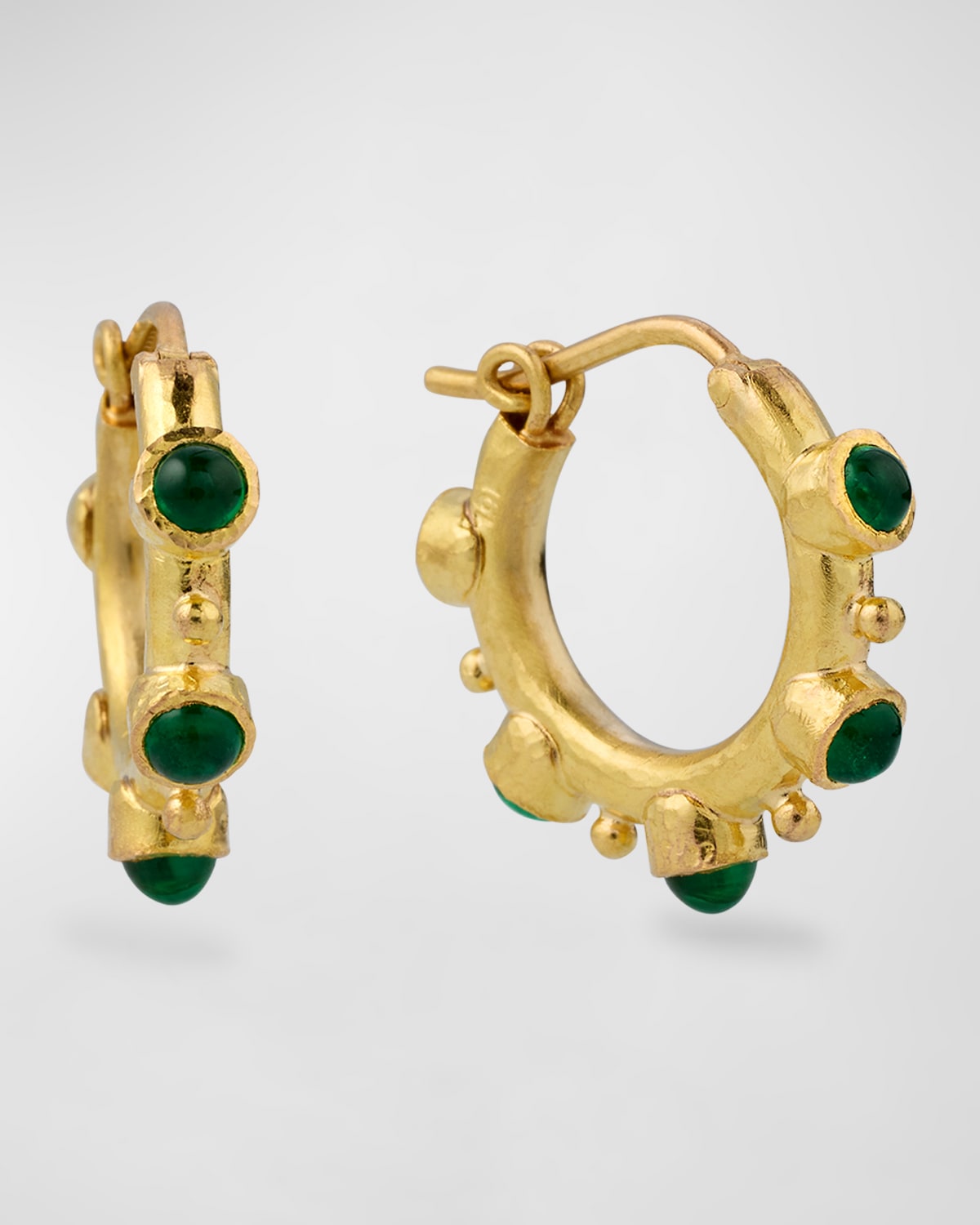 19K Yellow Gold Hoop Earrings with 3mm Cabochon Emeralds and Gold Dots