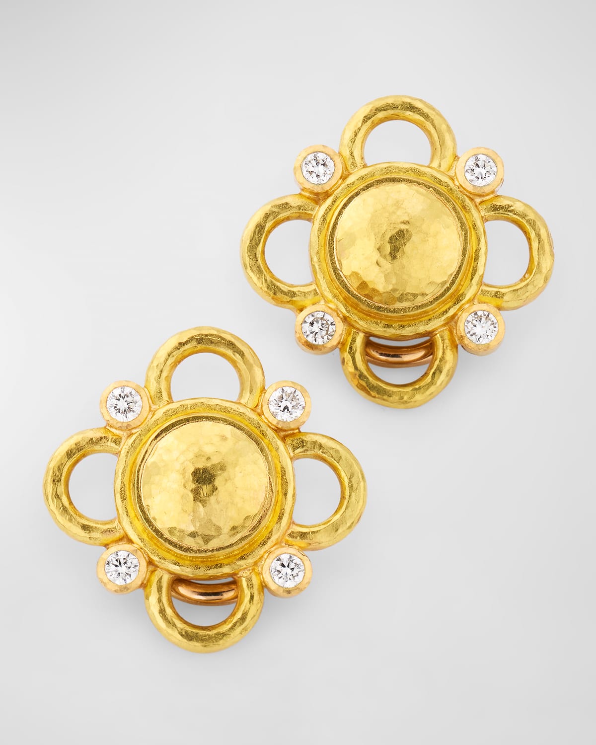 19K Yellow Gold Round Gold Dome Earrings with Wire Arches and Diamonds