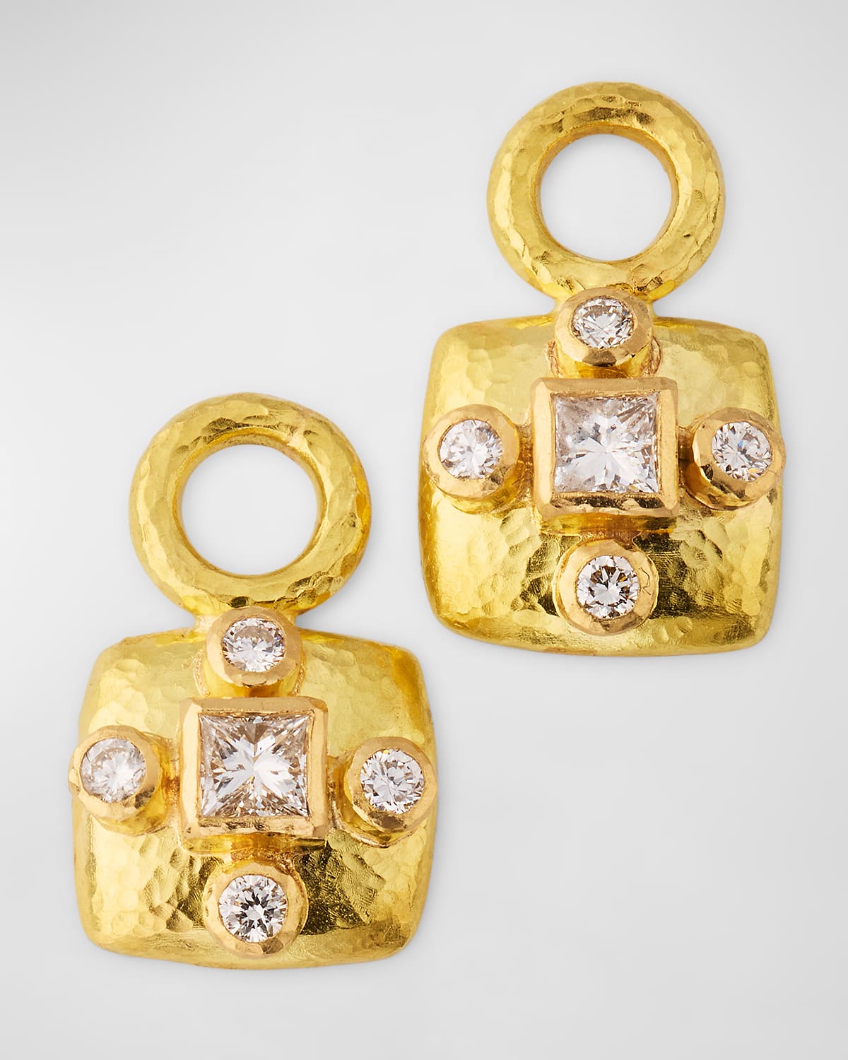 19K Yellow Gold Cushion Gordon Bezel Earring Pendants with Diamonds