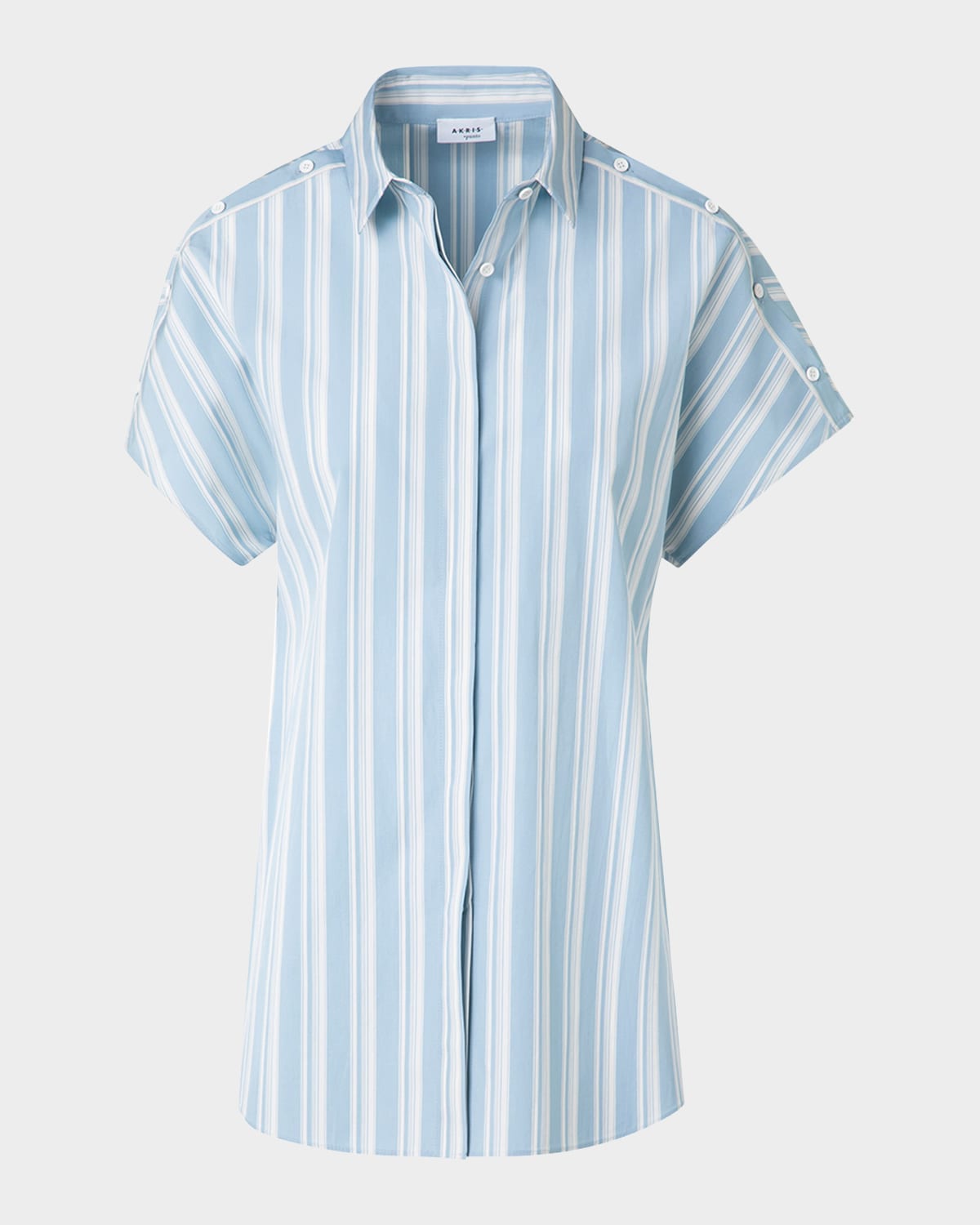 Akris Punto Striped Poplin Short-sleeve Button-shoulder Blouse In Sky-cream