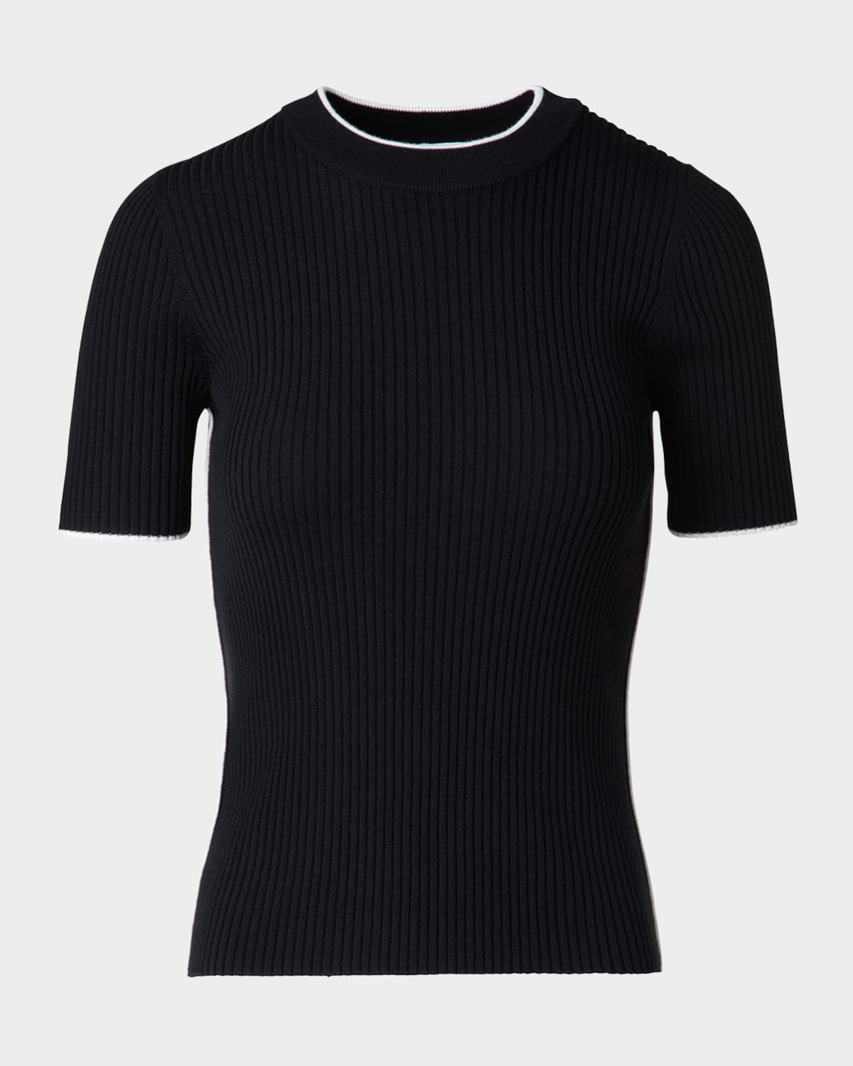 Akris Punto Contrast Piping Short-sleeve Rib Sweater In Black-cream